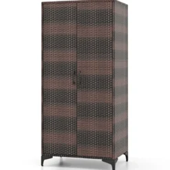 Kleiderschrank aus PE-Rattan mit 2 Türen & Kleiderstange & 4 Fächern Geräteschrank Garderobenschrank für Garten Schlafzimmer