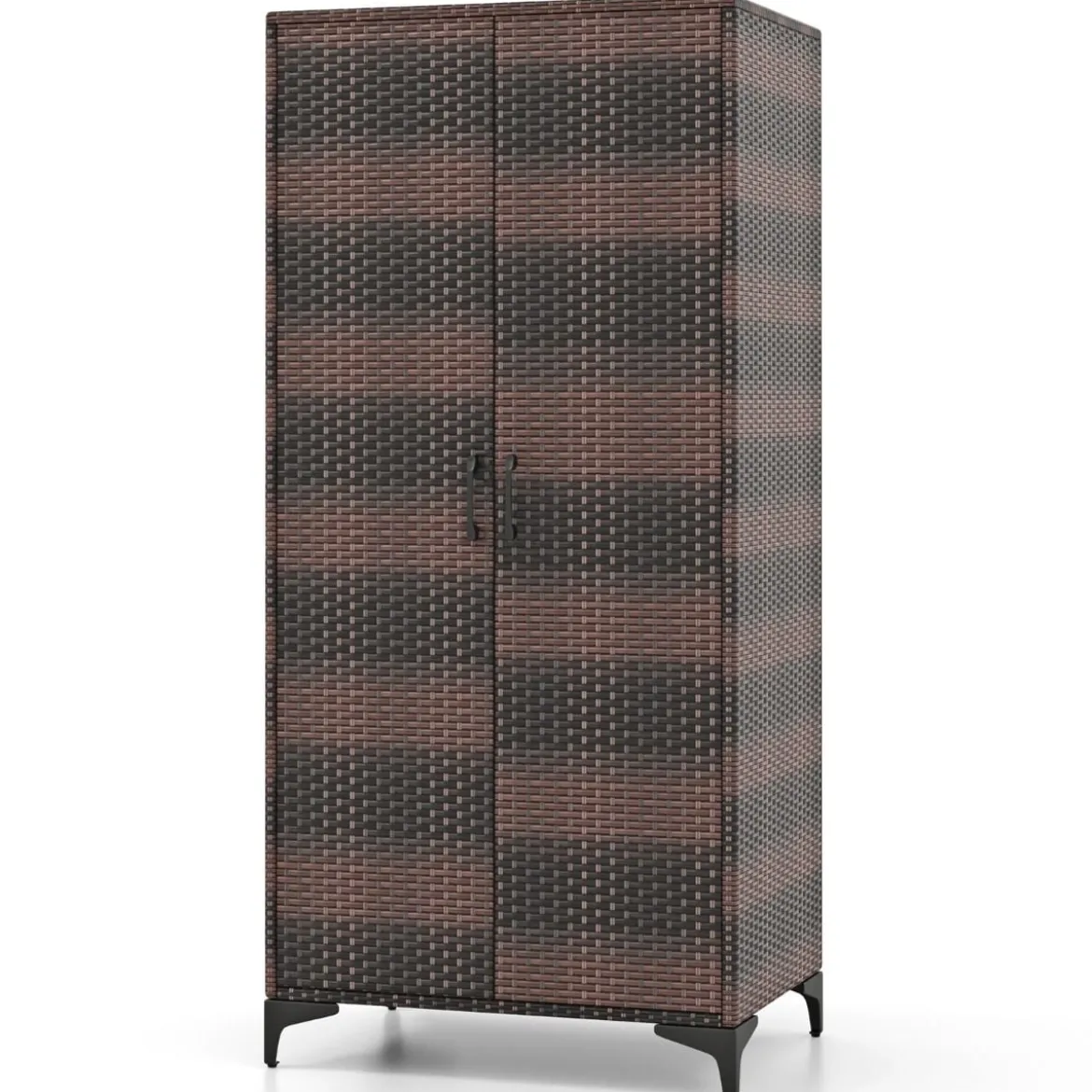 Kleiderschrank aus PE-Rattan mit 2 Türen & Kleiderstange & 4 Fächern Geräteschrank Garderobenschrank für Garten Schlafzimmer