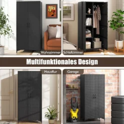 Kleiderschrank aus PE-Rattan mit 2 Türen & Kleiderstange & 4 Fächern Geräteschrank Garderobenschrank für Garten Schlafzimmer