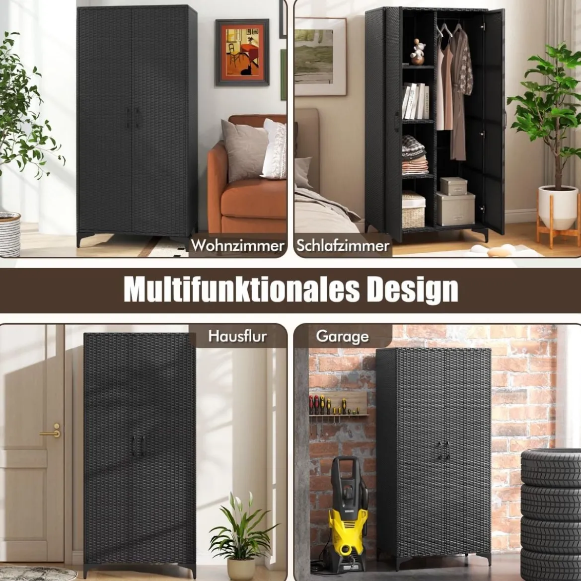 Kleiderschrank aus PE-Rattan mit 2 Türen & Kleiderstange & 4 Fächern Geräteschrank Garderobenschrank für Garten Schlafzimmer