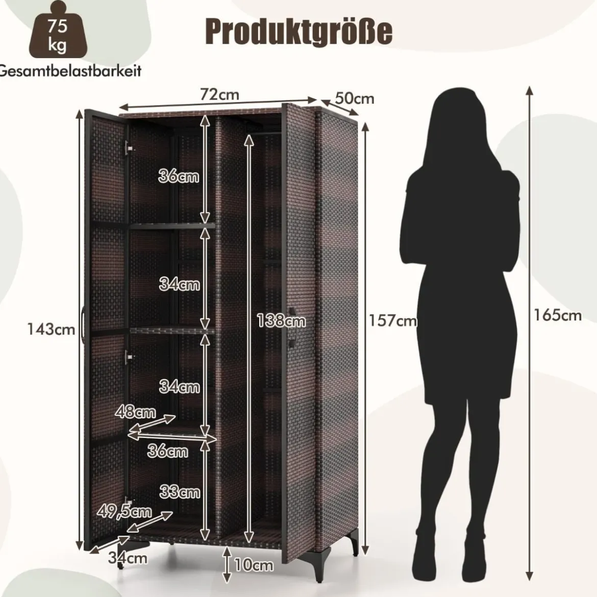 Kleiderschrank aus PE-Rattan mit 2 Türen & Kleiderstange & 4 Fächern Geräteschrank Garderobenschrank für Garten Schlafzimmer