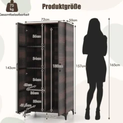 Kleiderschrank aus PE-Rattan mit 2 Türen & Kleiderstange & 4 Fächern Geräteschrank Garderobenschrank für Garten Schlafzimmer