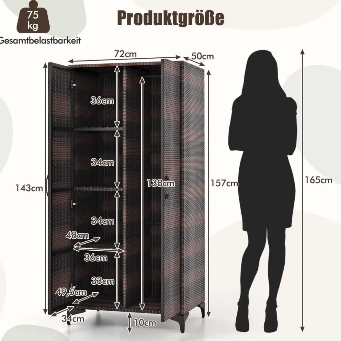Kleiderschrank aus PE-Rattan mit 2 Türen & Kleiderstange & 4 Fächern Geräteschrank Garderobenschrank für Garten Schlafzimmer