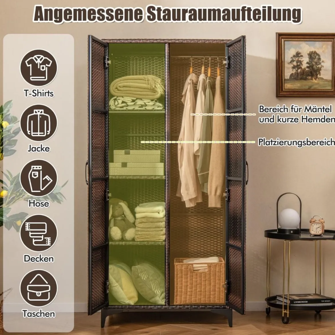 Kleiderschrank aus PE-Rattan mit 2 Türen & Kleiderstange & 4 Fächern Geräteschrank Garderobenschrank für Garten Schlafzimmer