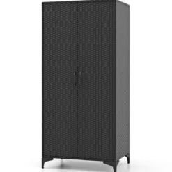 Kleiderschrank aus PE-Rattan mit 2 Türen & Kleiderstange & 4 Fächern Geräteschrank Garderobenschrank für Garten Schlafzimmer