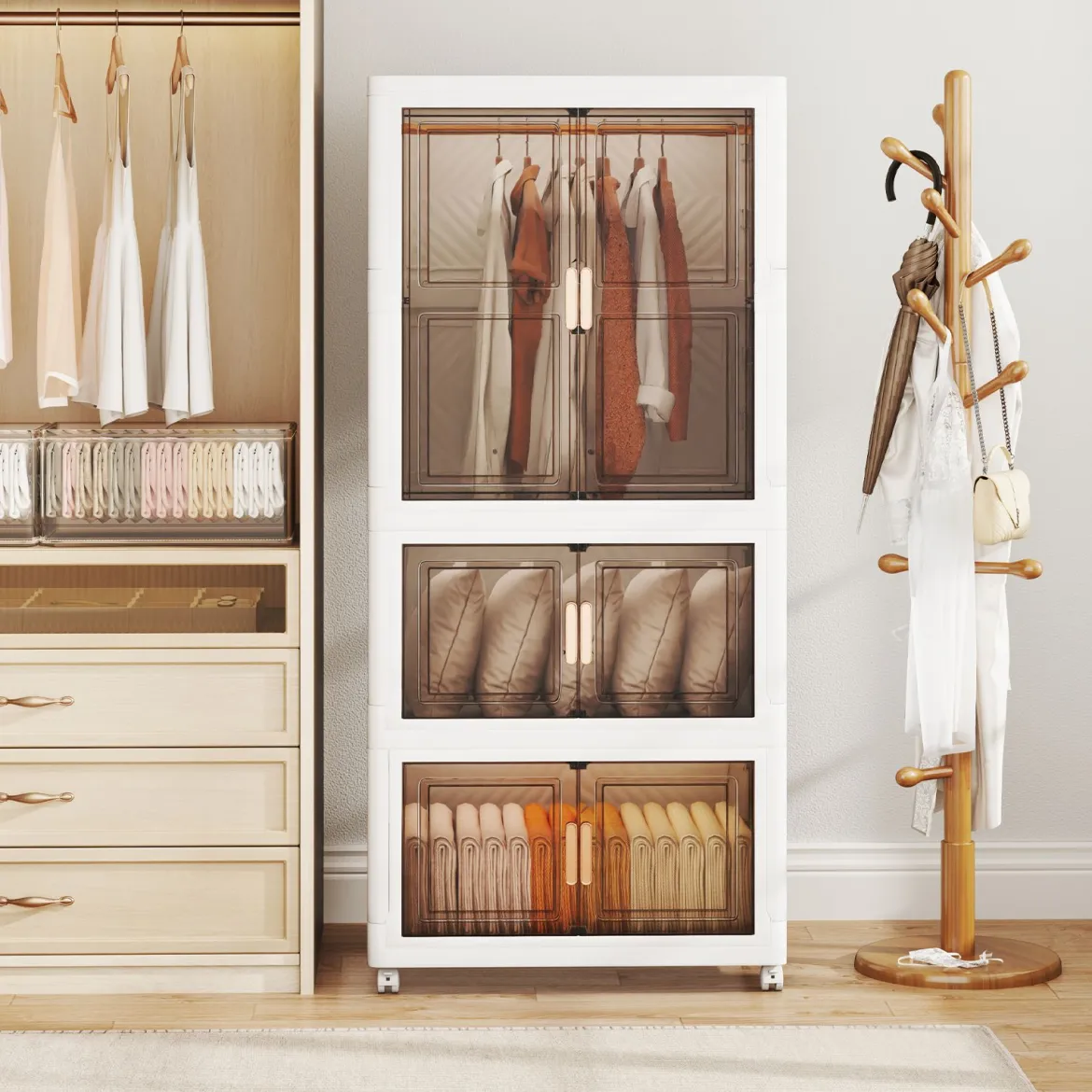 Kleiderschrank mit 10 Kleiderbügeln 421L Garderobenschrank klappbar Mehrzweckschrank mit Rollen freie Kombination 71 x 46 x 156 cm