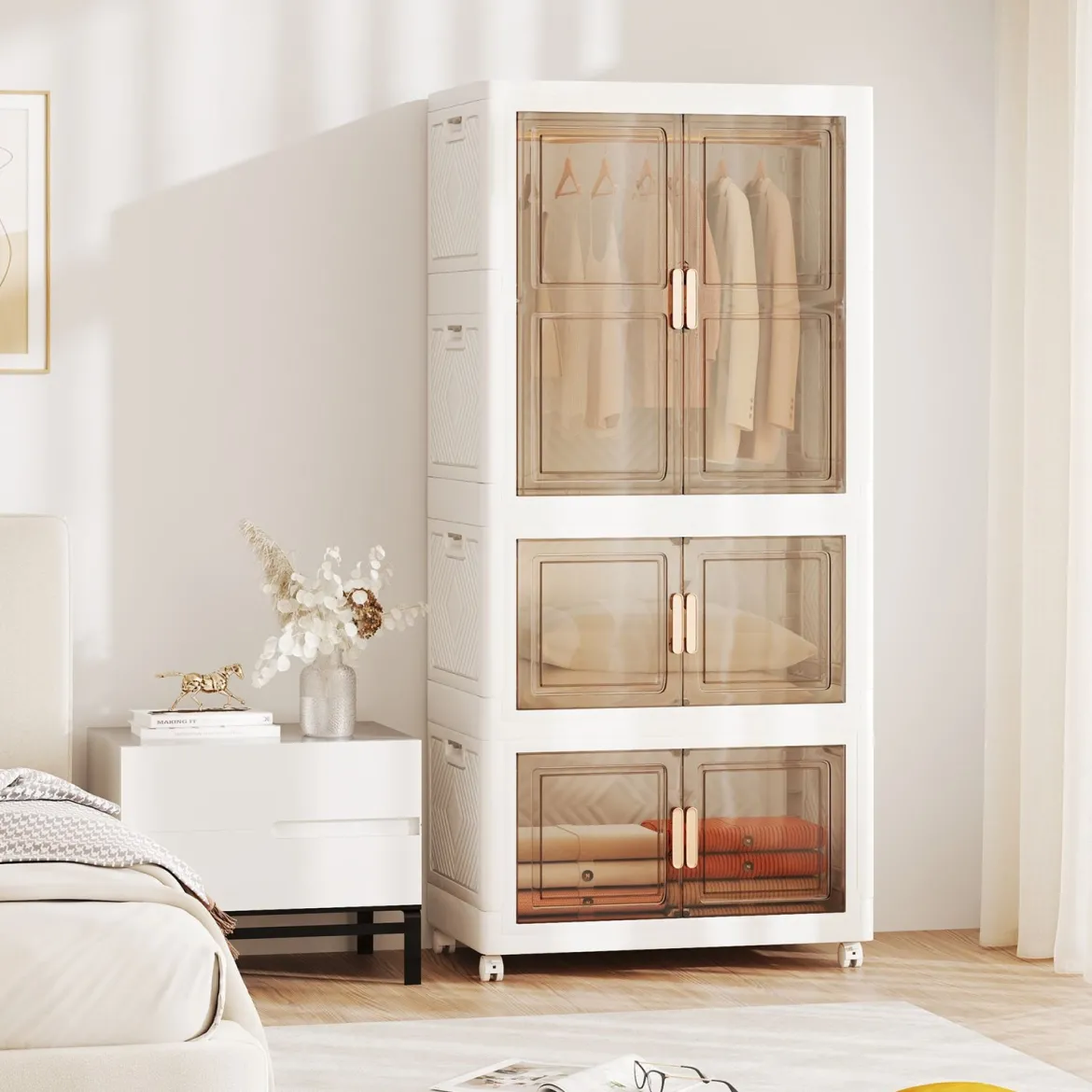 Kleiderschrank mit 10 Kleiderbügeln 421L Garderobenschrank klappbar Mehrzweckschrank mit Rollen freie Kombination 71 x 46 x 156 cm