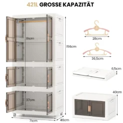 Kleiderschrank mit 10 Kleiderbügeln 421L Garderobenschrank klappbar Mehrzweckschrank mit Rollen freie Kombination 71 x 46 x 156 cm