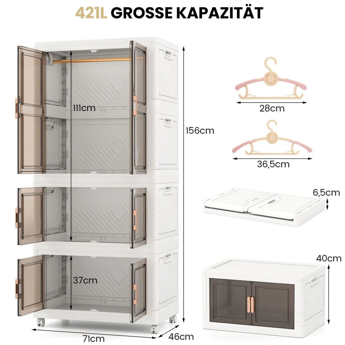 Kleiderschrank mit 10 Kleiderbügeln 421L Garderobenschrank klappbar Mehrzweckschrank mit Rollen freie Kombination 71 x 46 x 156 cm