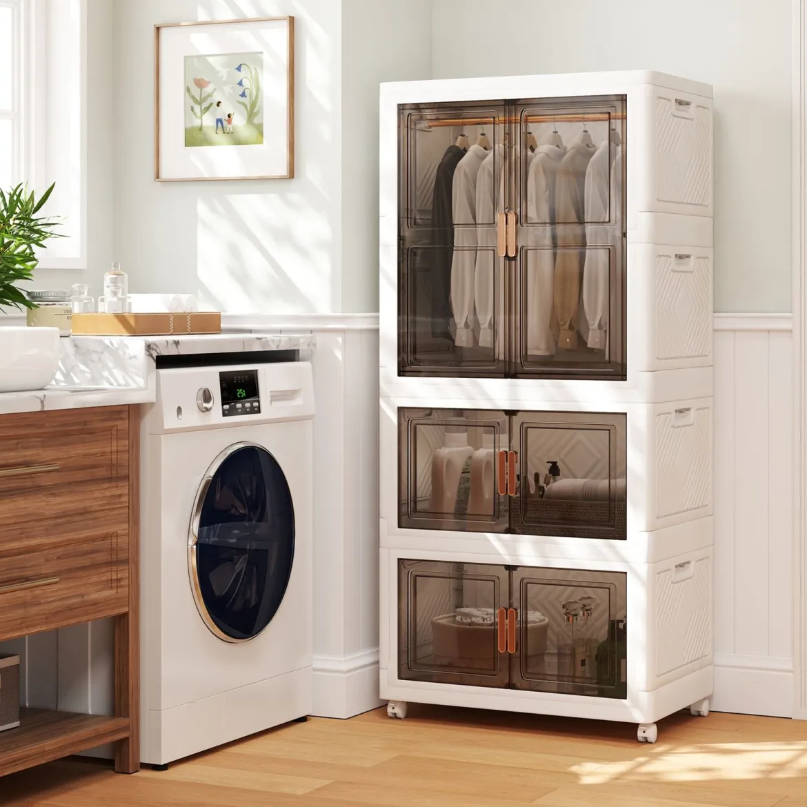 Kleiderschrank mit 10 Kleiderbügeln 421L Garderobenschrank klappbar Mehrzweckschrank mit Rollen freie Kombination 71 x 46 x 156 cm
