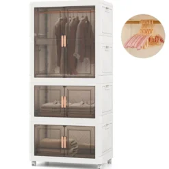 Kleiderschrank mit 10 Kleiderbügeln 421L Garderobenschrank klappbar Mehrzweckschrank mit Rollen freie Kombination 71 x 46 x 156 cm