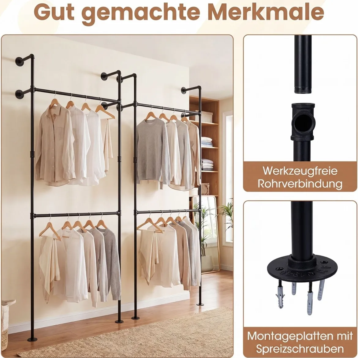 Kleiderstange Wandmontage Offener Kleiderschrank aus Metall mit 2 Stangen 106 x 32 x 227 cm Schwarz