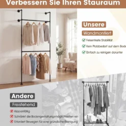 Kleiderstange Wandmontage Offener Kleiderschrank aus Metall mit 2 Stangen 106 x 32 x 227 cm Schwarz