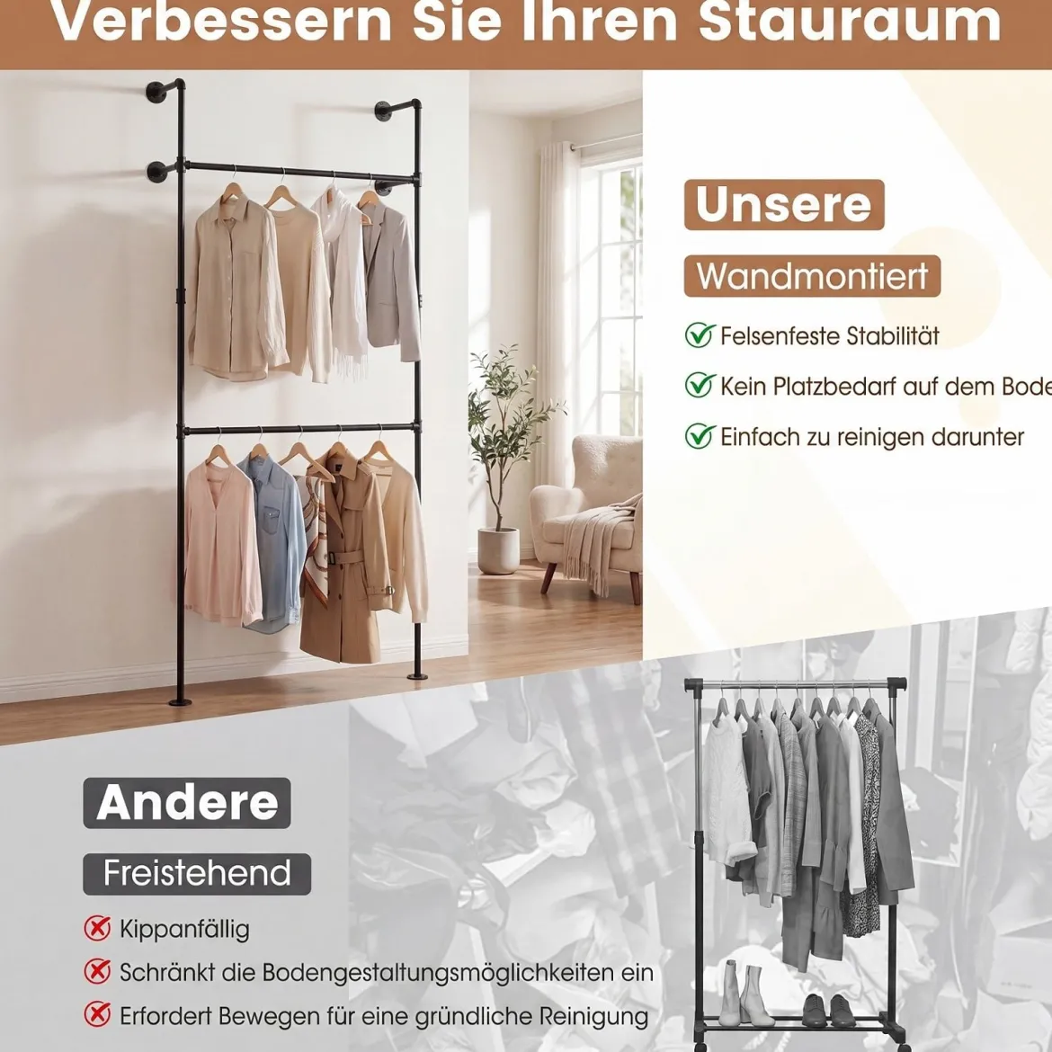 Kleiderstange Wandmontage Offener Kleiderschrank aus Metall mit 2 Stangen 106 x 32 x 227 cm Schwarz