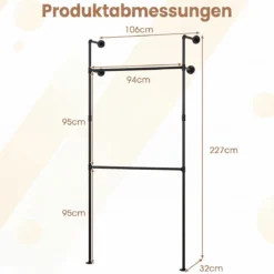 Kleiderstange Wandmontage Offener Kleiderschrank aus Metall mit 2 Stangen 106 x 32 x 227 cm Schwarz