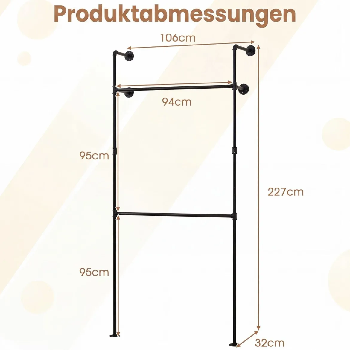 Kleiderstange Wandmontage Offener Kleiderschrank aus Metall mit 2 Stangen 106 x 32 x 227 cm Schwarz