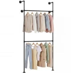 Kleiderstange Wandmontage Offener Kleiderschrank aus Metall mit 2 Stangen 106 x 32 x 227 cm Schwarz