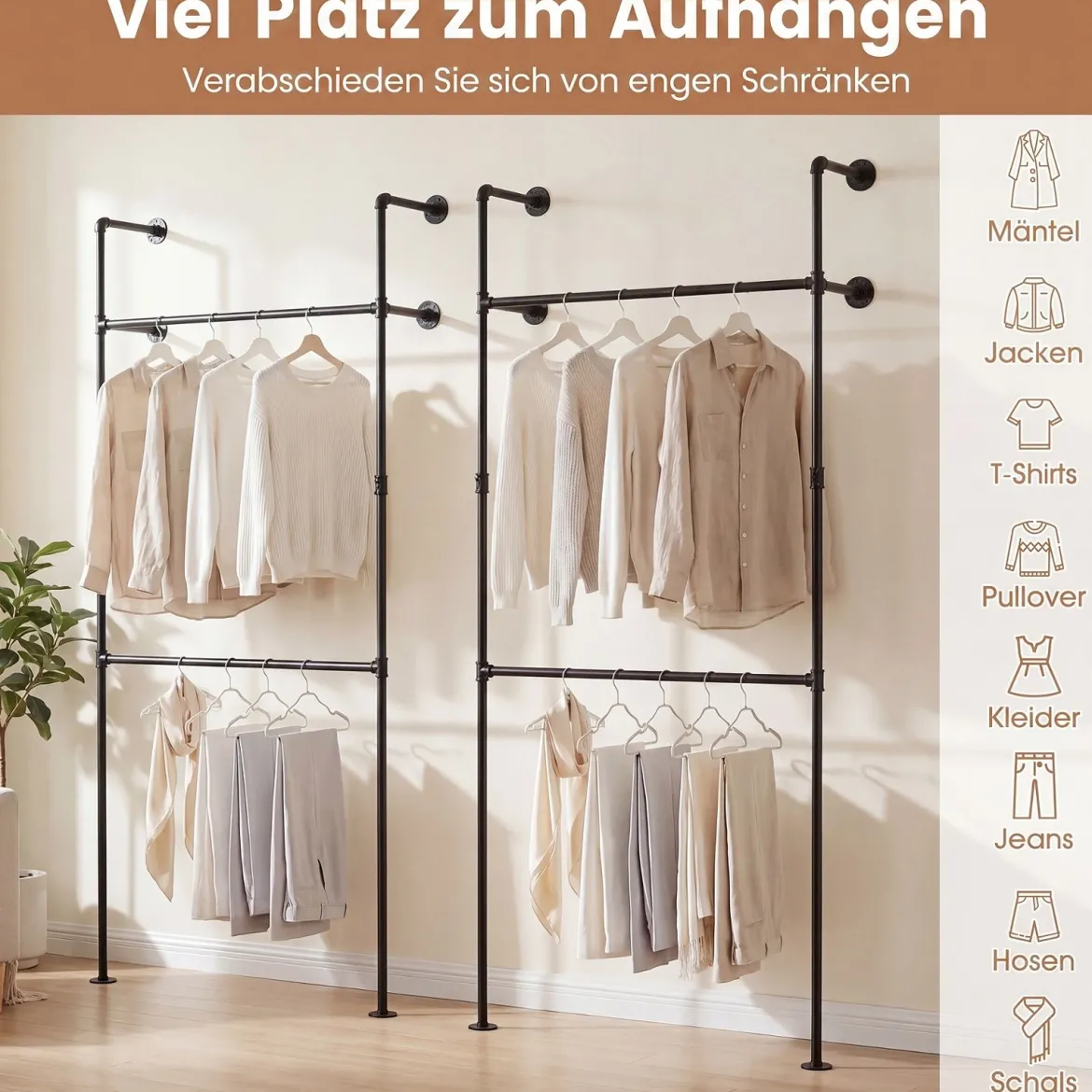 Kleiderstange Wandmontage Offener Kleiderschrank aus Metall mit 2 Stangen 106 x 32 x 227 cm Schwarz