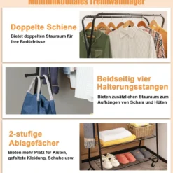 Kleiderständer auf Rollen mit 2 Kleiderstangen & 2 Ablagen & 4 Haken Garderobenständer