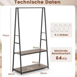 Kleiderständer freistehende Garderobe mit 2 Regalen & stabiler Kleiderstange Braun