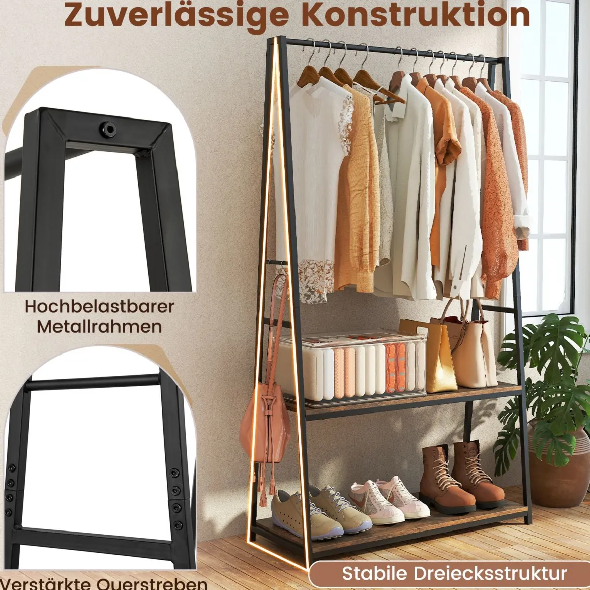 Kleiderständer freistehende Garderobe mit 2 Regalen & stabiler Kleiderstange Braun