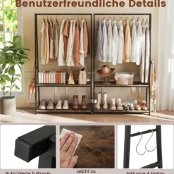 Kleiderständer freistehende Garderobe mit 2 Regalen & stabiler Kleiderstange Braun