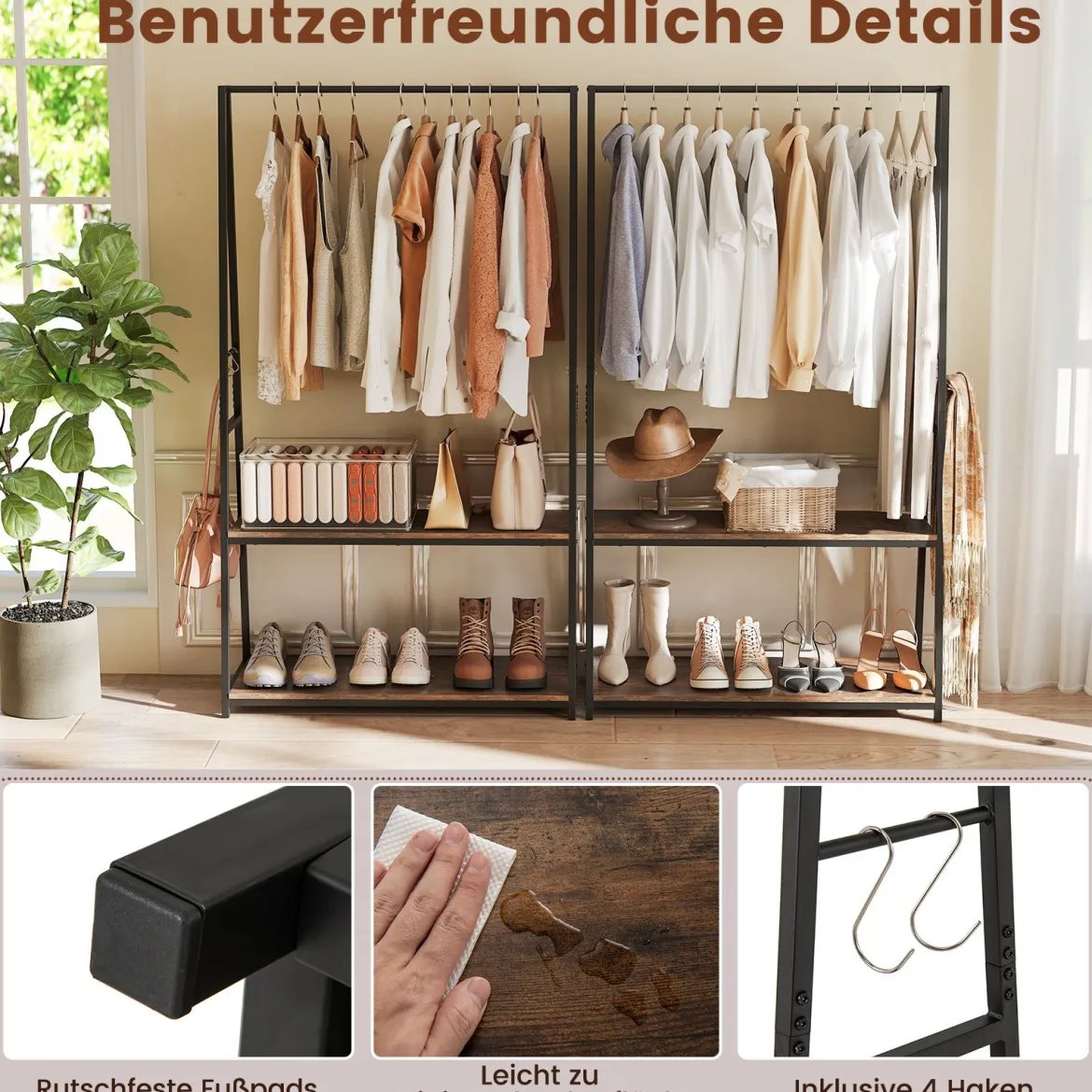 Kleiderständer freistehende Garderobe mit 2 Regalen & stabiler Kleiderstange Braun