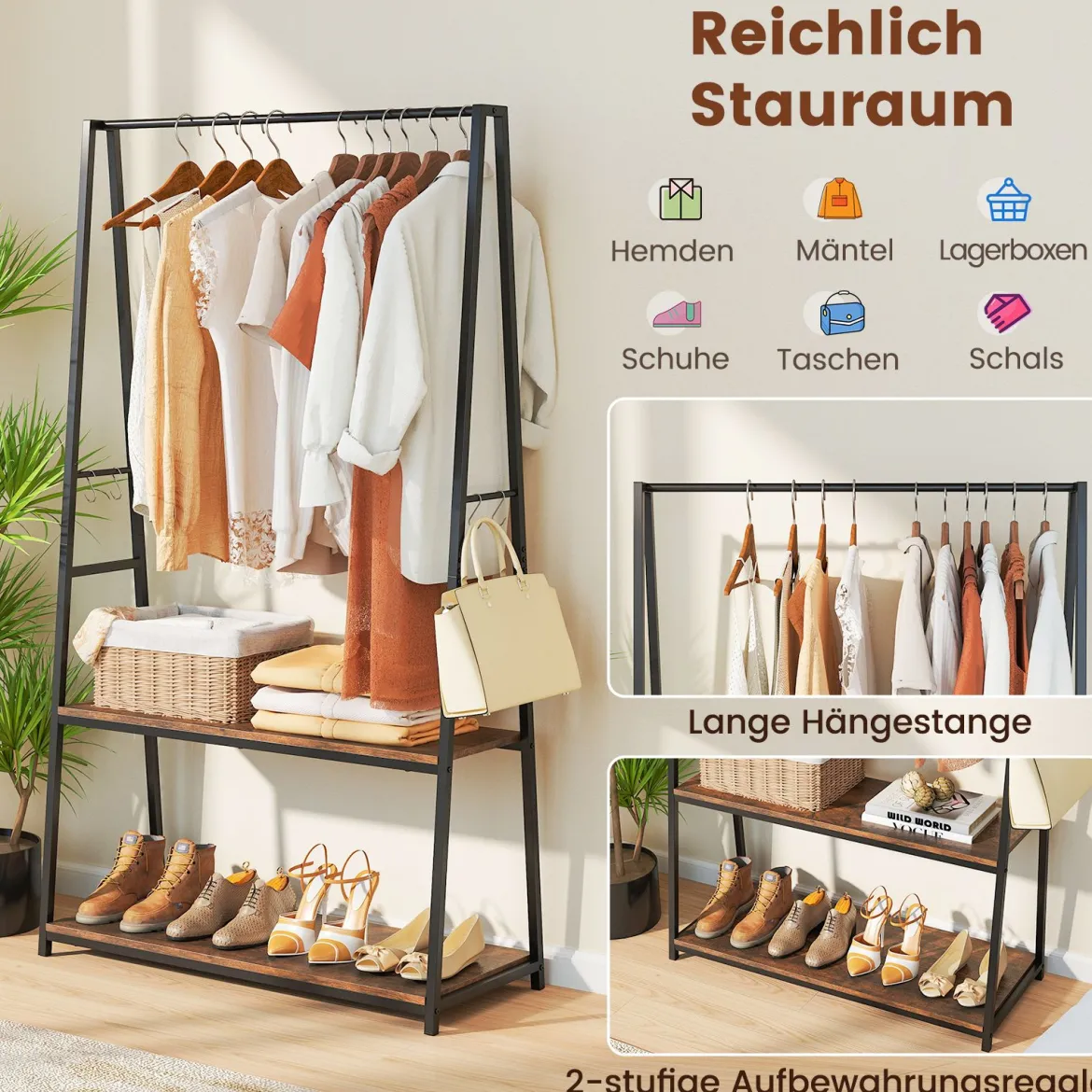 Kleiderständer freistehende Garderobe mit 2 Regalen & stabiler Kleiderstange Braun