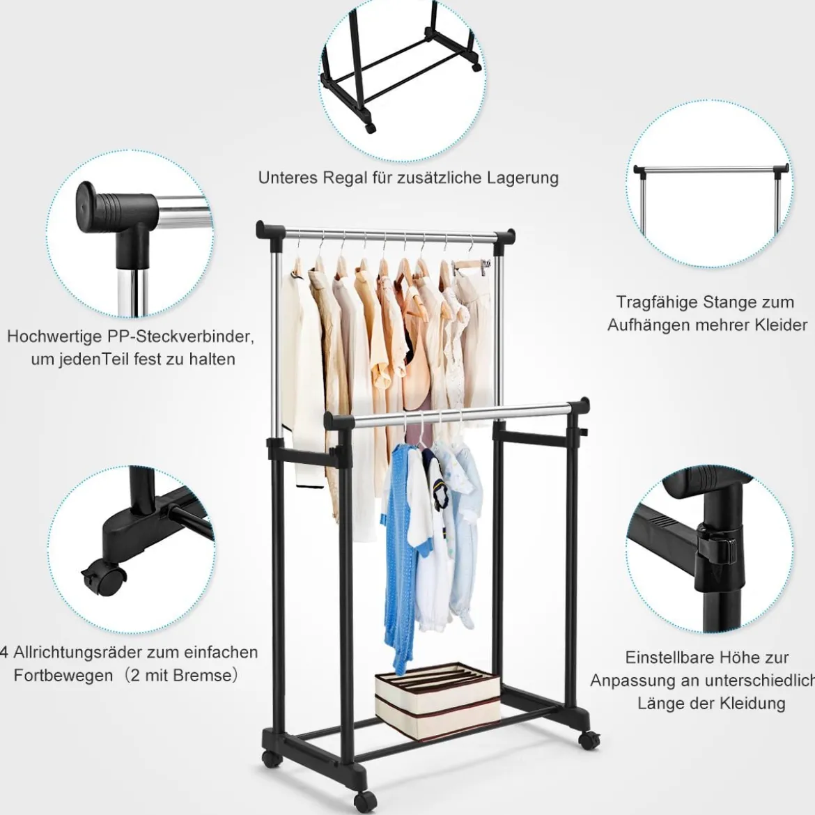 Kleiderständer Höhenverstellbarer Garderobenständer Rollgarderobe mit Rollen Schwarz 86 x 43 x 94-168 cm