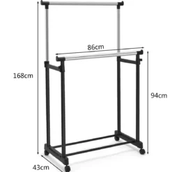 Kleiderständer Höhenverstellbarer Garderobenständer Rollgarderobe mit Rollen Schwarz 86 x 43 x 94-168 cm