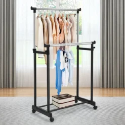 Kleiderständer Höhenverstellbarer Garderobenständer Rollgarderobe mit Rollen Schwarz 86 x 43 x 94-168 cm