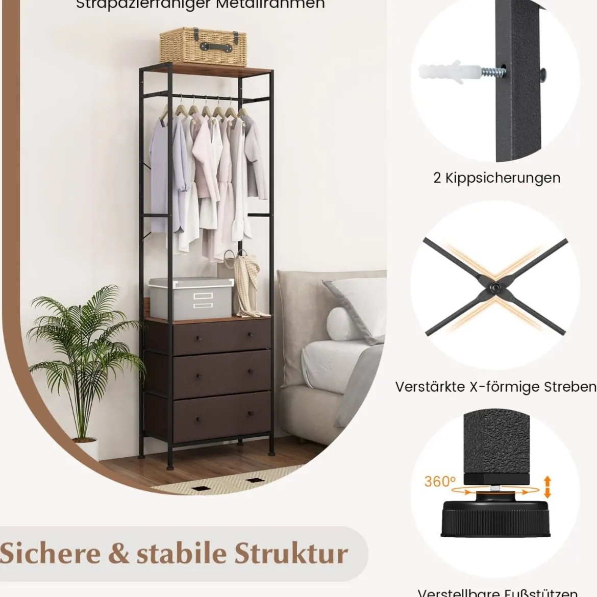 Kleiderständer mit Schubladen mit 3-Positionen-Hängestange & Ablagefächern Schrank-Organizer