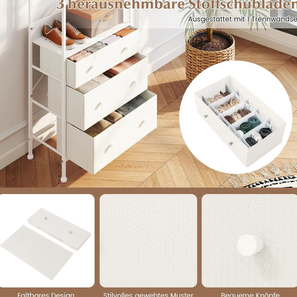 Kleiderständer mit Schubladen & 3-Positionen-Hängestange & Ablagefächern Schrank-Organizer Weiß