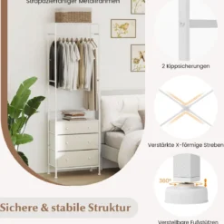 Kleiderständer mit Schubladen & 3-Positionen-Hängestange & Ablagefächern Schrank-Organizer Weiß