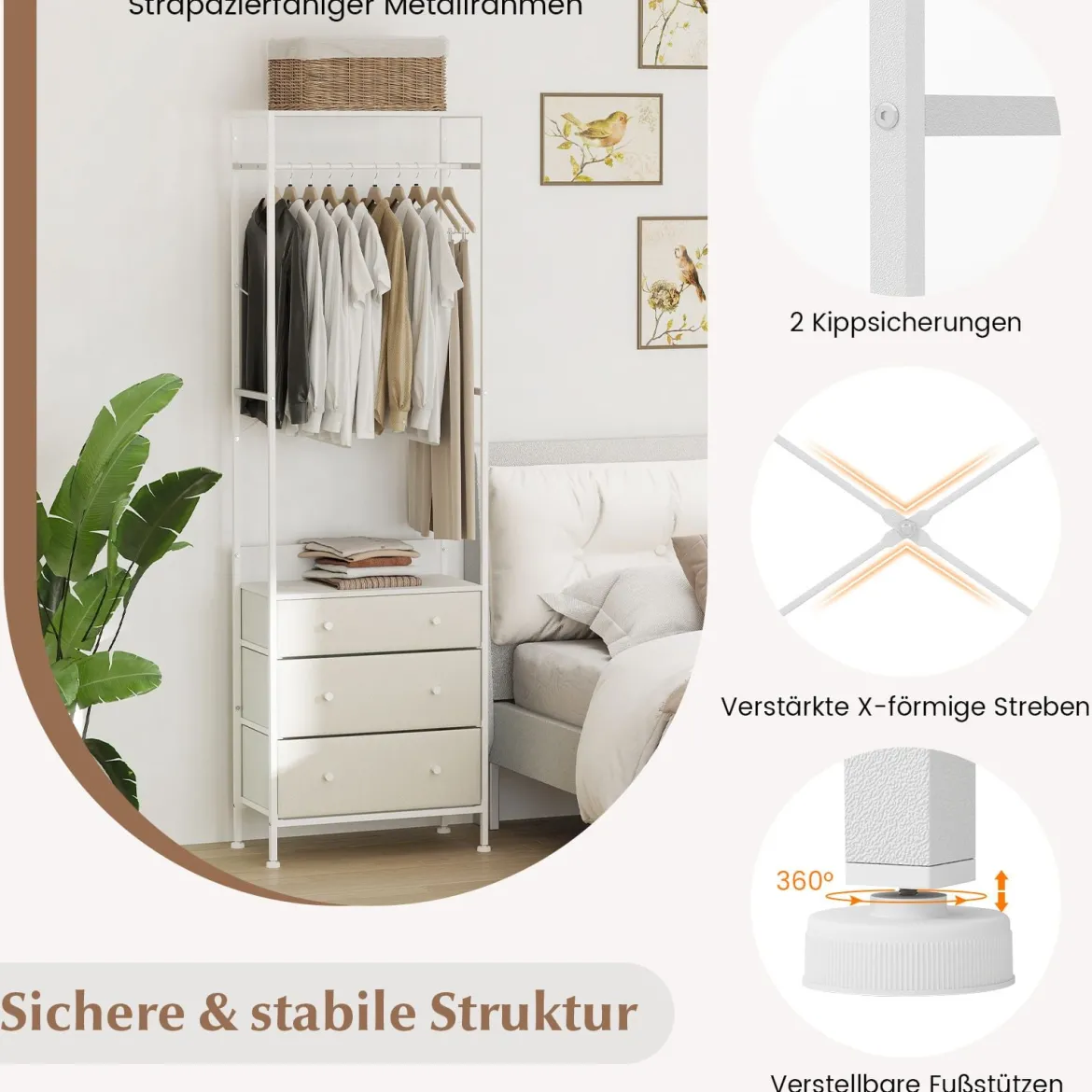 Kleiderständer mit Schubladen & 3-Positionen-Hängestange & Ablagefächern Schrank-Organizer Weiß