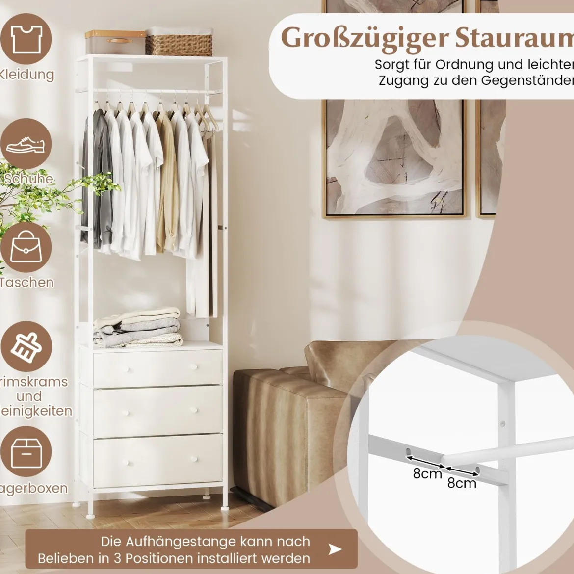 Kleiderständer mit Schubladen & 3-Positionen-Hängestange & Ablagefächern Schrank-Organizer Weiß