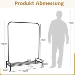 Kleiderständer mit Verstellbaren Füßen & Kleiderstange & Ablagefach 112 x 42 x 145 cm Schwarz