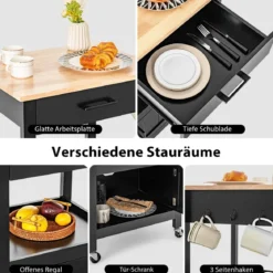 Kleiner Küchenwagen auf Rollen mit Schrank & Schublade & 3 Haken Servierwagen Schwarz