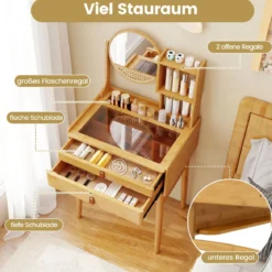 Kleiner Schminktisch mit Spiegel 60 cm kompakter Frisiertisch mit 2 Schubladen offenen Regalen Natur