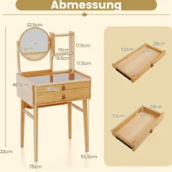 Kleiner Schminktisch mit Spiegel 60 cm kompakter Frisiertisch mit 2 Schubladen offenen Regalen Natur