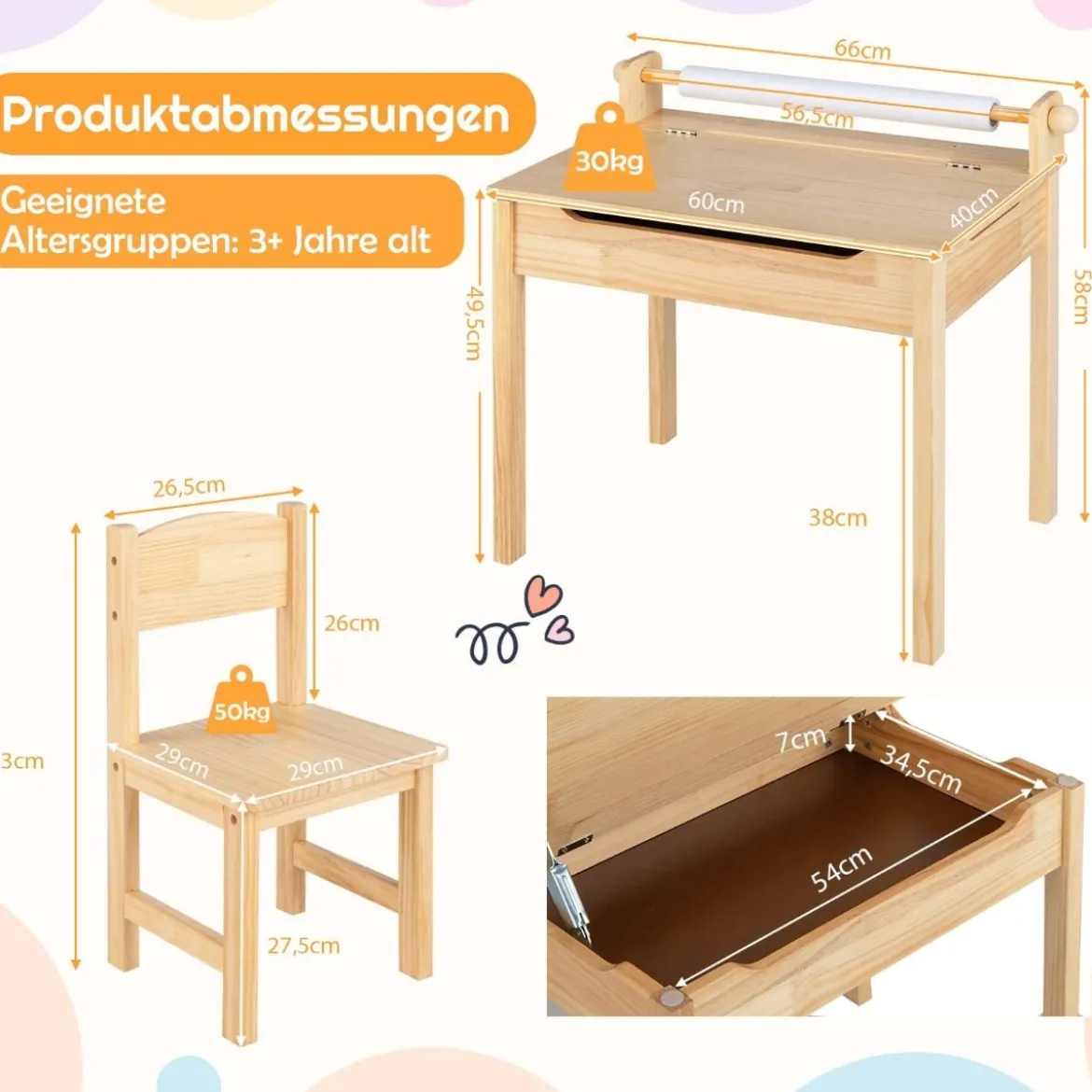 Kleinkinder-Multifunktionstisch mit Stuhl Kindertisch für Kunst und Handwerk mit Papierrollenhalter Natur