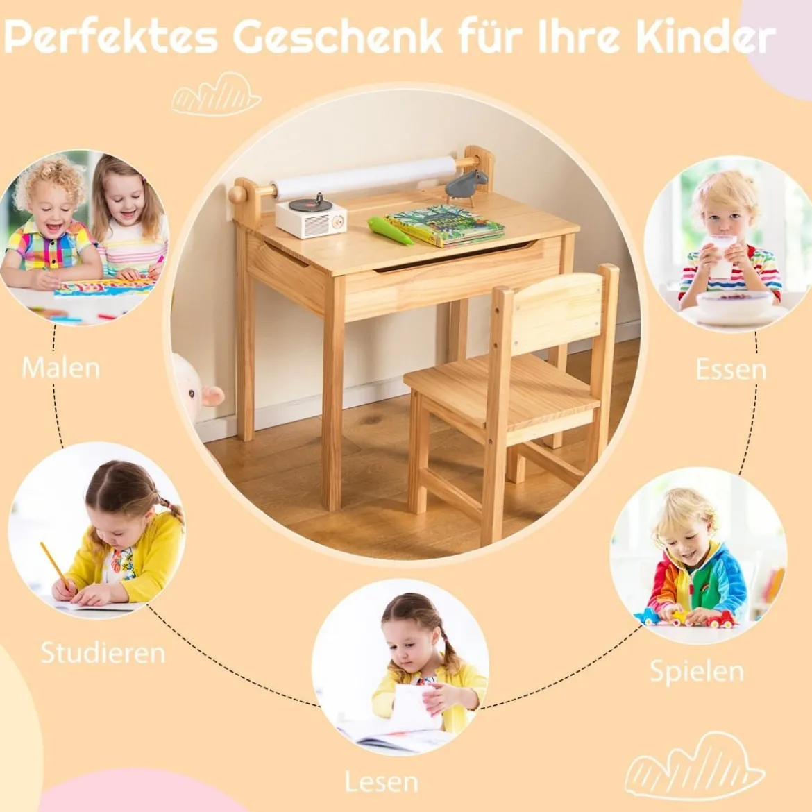 Kleinkinder-Multifunktionstisch mit Stuhl Kindertisch für Kunst und Handwerk mit Papierrollenhalter Natur