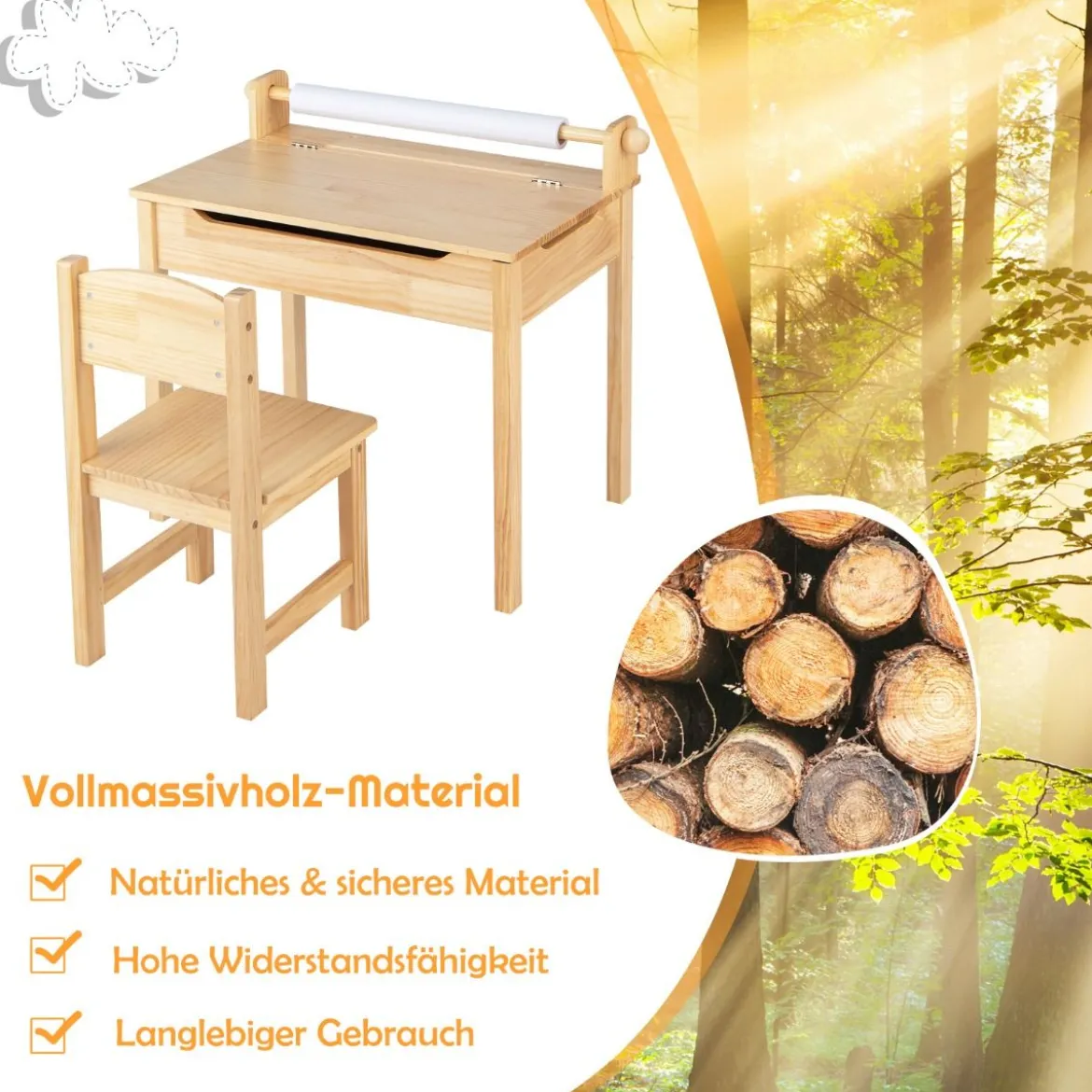 Kleinkinder-Multifunktionstisch mit Stuhl Kindertisch für Kunst und Handwerk mit Papierrollenhalter Natur