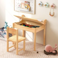 Kleinkinder-Multifunktionstisch mit Stuhl Kindertisch für Kunst und Handwerk mit Papierrollenhalter Natur
