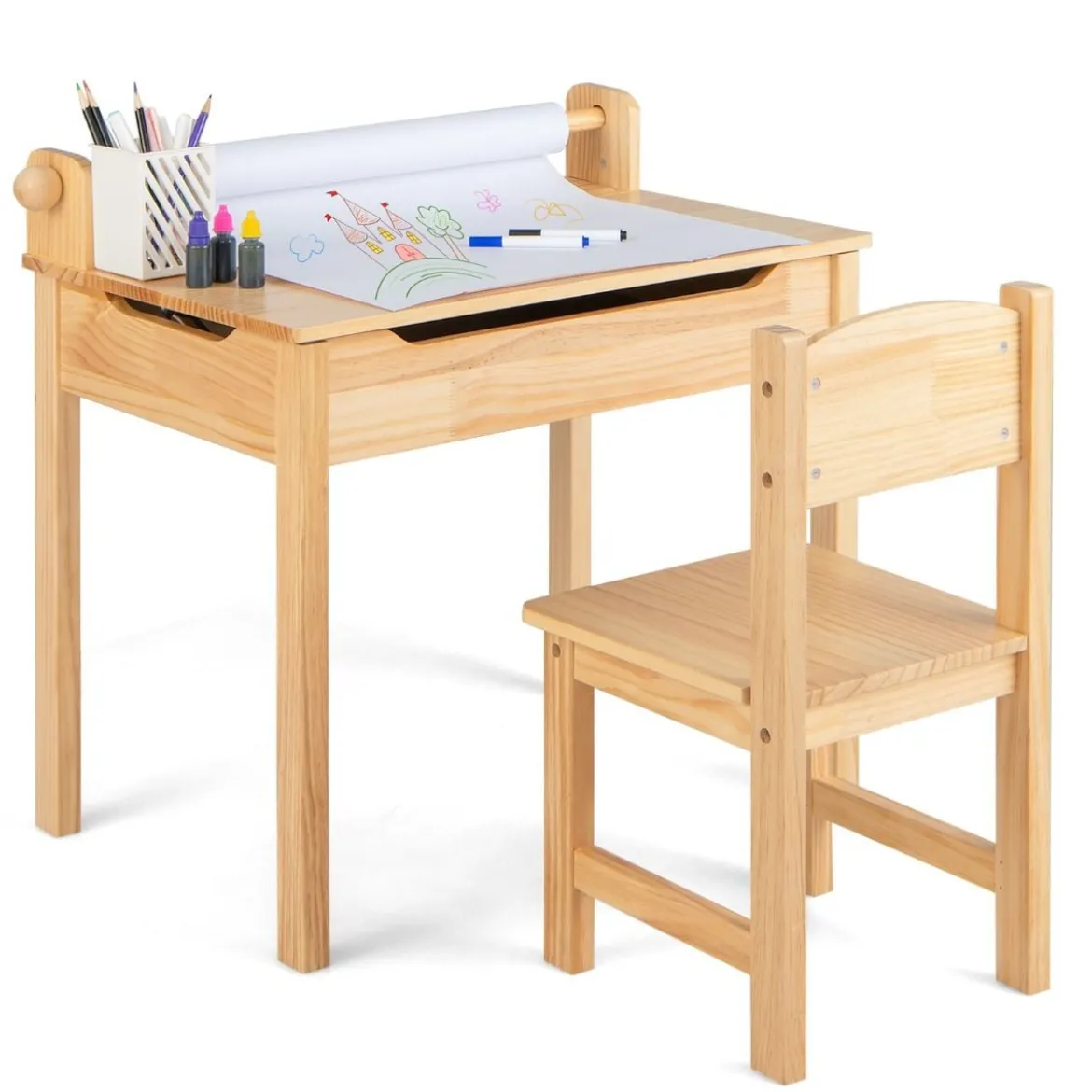 Kleinkinder-Multifunktionstisch mit Stuhl Kindertisch für Kunst und Handwerk mit Papierrollenhalter Natur