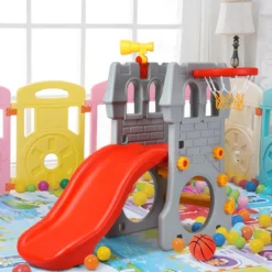 Kleinkindrutsche Kinderrutsche Kinderschlossrutsche mit Basketballkorb und Teleskopspielzeug