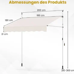 Klemmmarkise Balkonmarkise ohne Bohren mit Handkurbel Höhenverstellbar & UV-beständig 200 cm Weiß