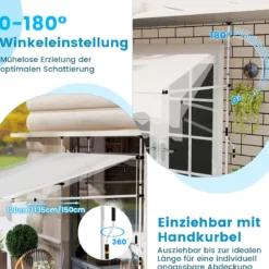 Klemmmarkise 200cm Balkonmarkise ohne Bohren mit Handkurbel Höhenverstellbar & UV-beständig 200 cm Weiß
