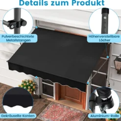 Klemmmarkise 200cm Balkonmarkise ohne Bohren mit Handkurbel Höhenverstellbar & UV-beständig 200 cm Schwarz