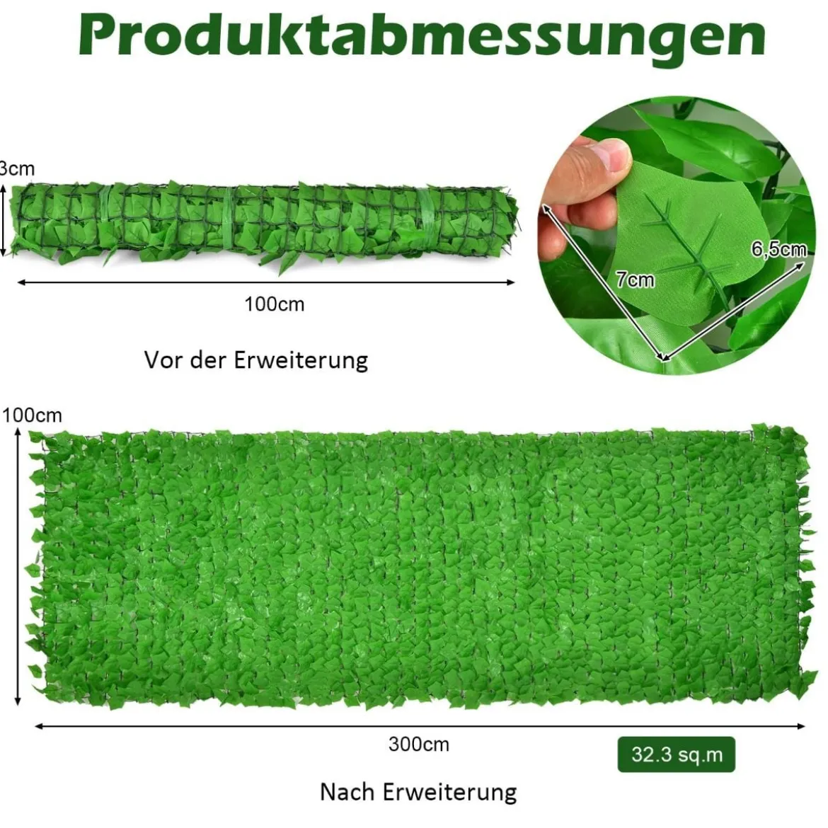 Künstliche Hecke mit 1908 Süßkartoffelblättern Reißverschlüsse einfach anzubringende 300 x 100 cm Hellgrün
